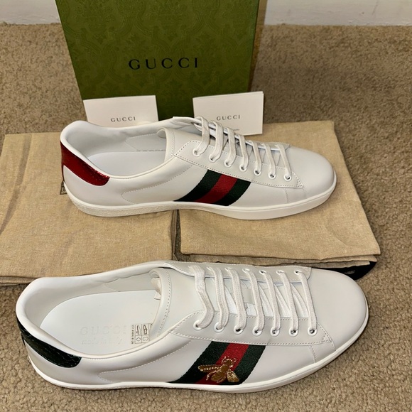 Men’s Gucci Ace White Leather Embroidered Bee Sneakers - NWB - Size G11/US11.5 - Picture 16 of 16